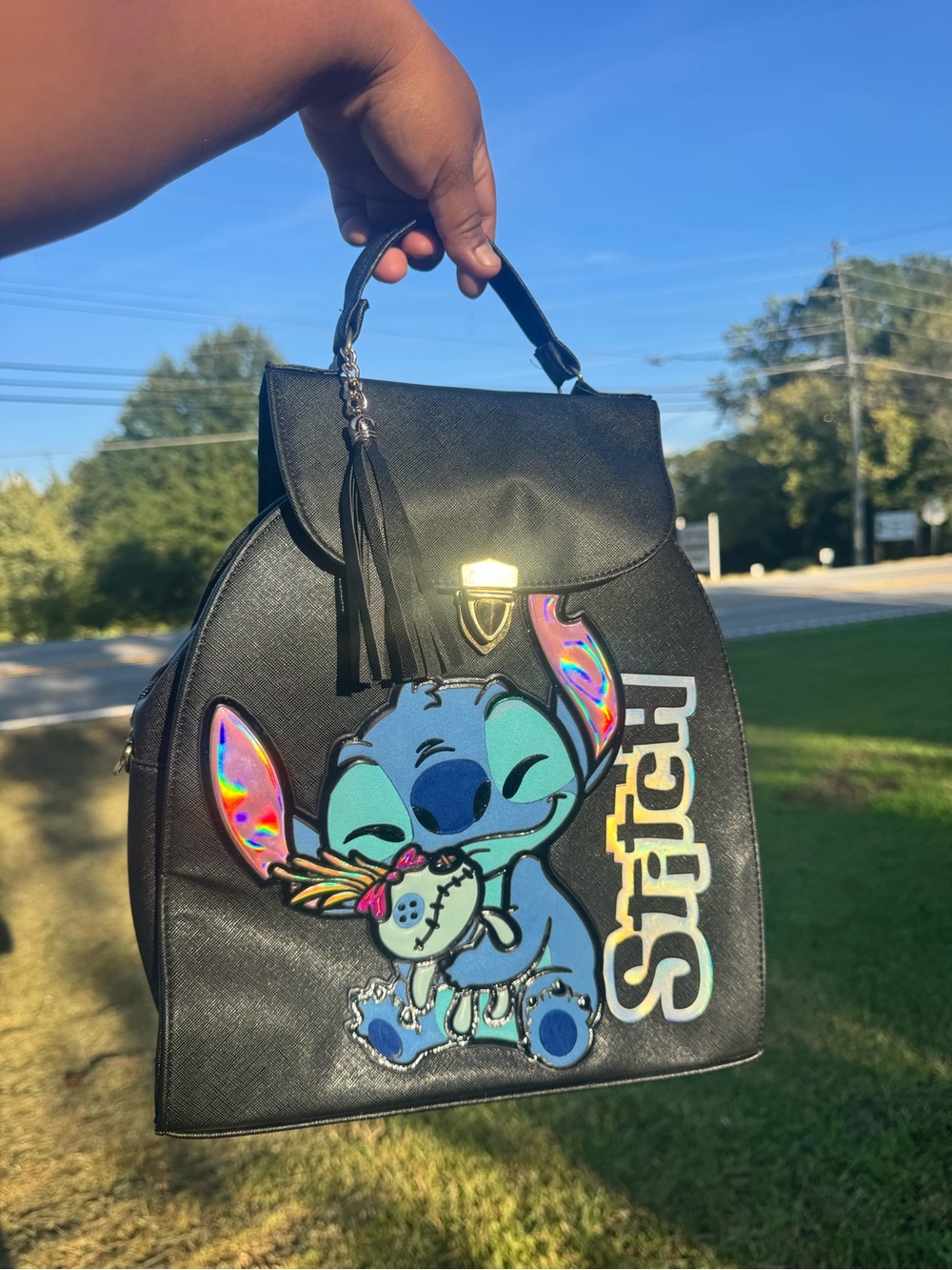 Love Stitch Black Faux Leather Backpack with Holographic Stitch Applique - Picture 2 of 3